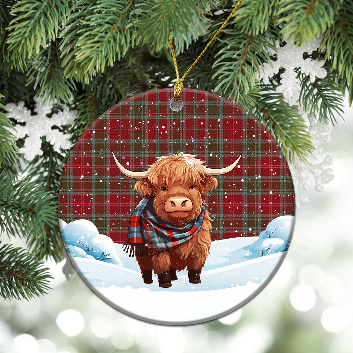 Lindsay Weathered Tartan Christmas Ceramic Ornament - Highland Cows Snow Style