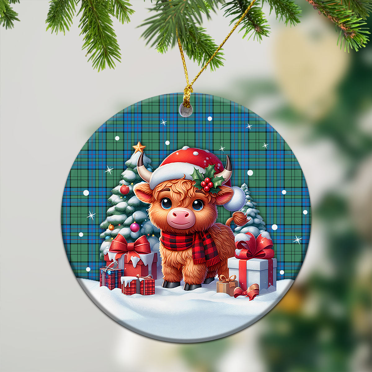 Lockhart Tartan Christmas Ceramic Ornament - Highland Cow Winter Style