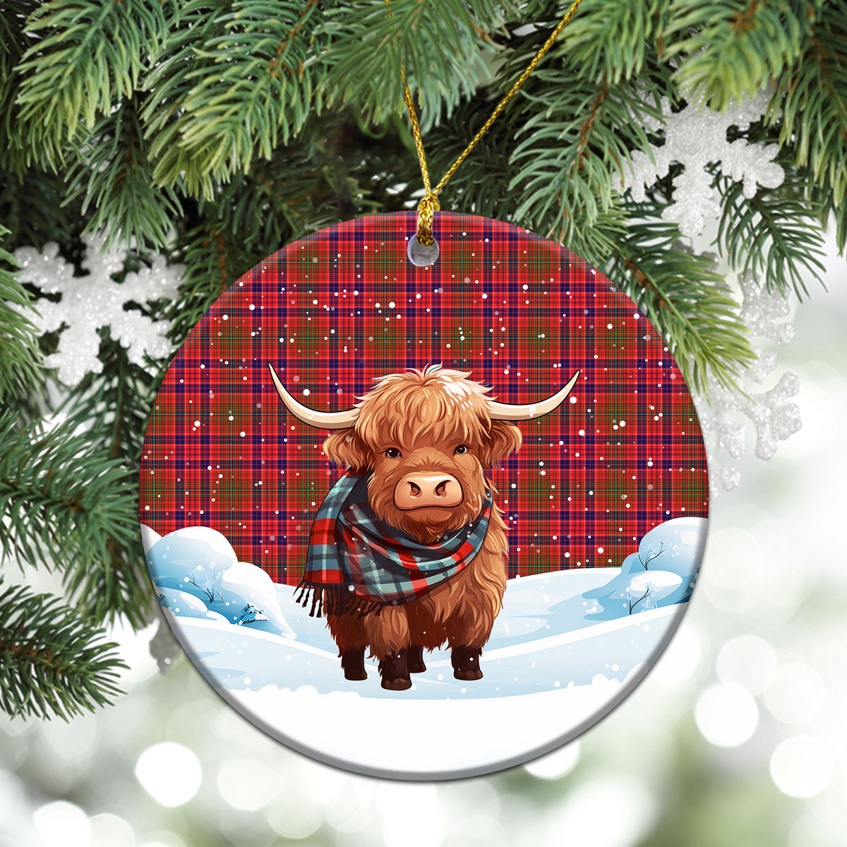 Lumsden Modern Tartan Christmas Ceramic Ornament - Highland Cows Snow Style