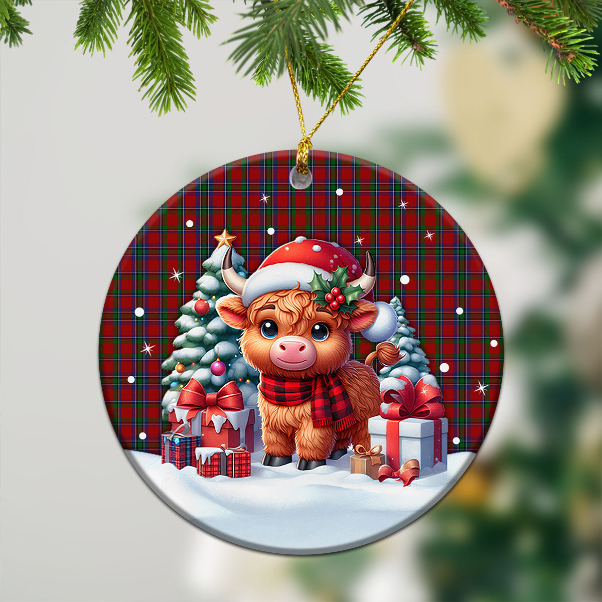 Lyle Tartan Christmas Ceramic Ornament - Highland Cow Winter Style