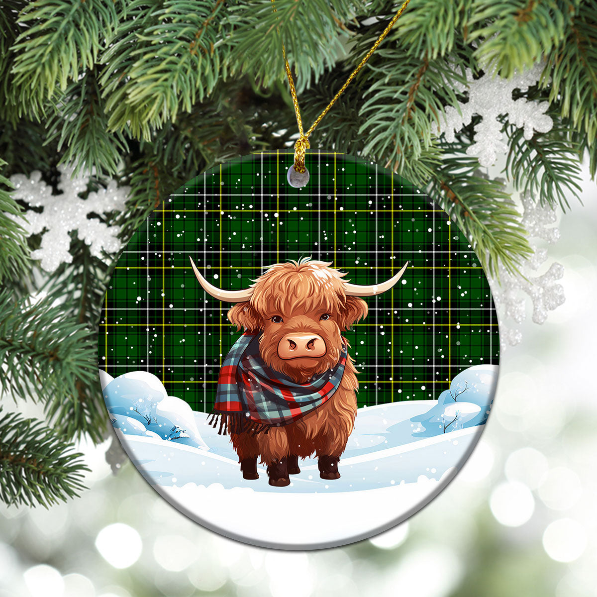 MacAlpine Modern Tartan Christmas Ceramic Ornament - Highland Cows Snow Style