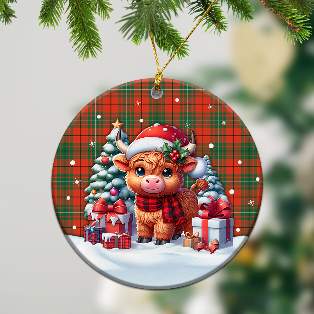 MacAulay Ancient Tartan Christmas Ceramic Ornament - Highland Cow Winter Style