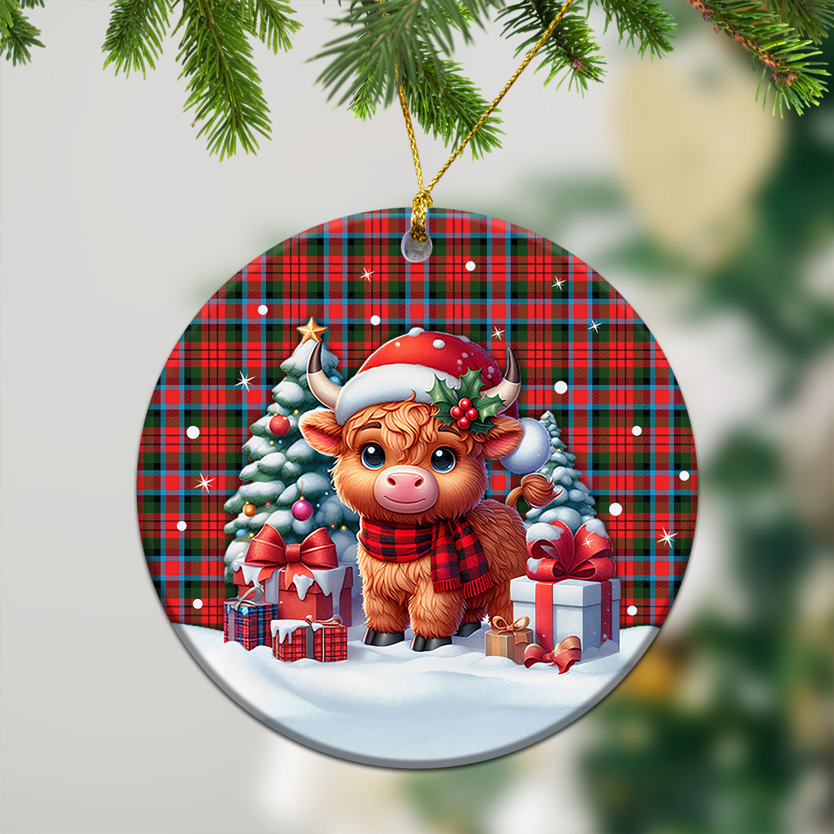 MacDuff Modern Tartan Christmas Ceramic Ornament - Highland Cow Winter Style