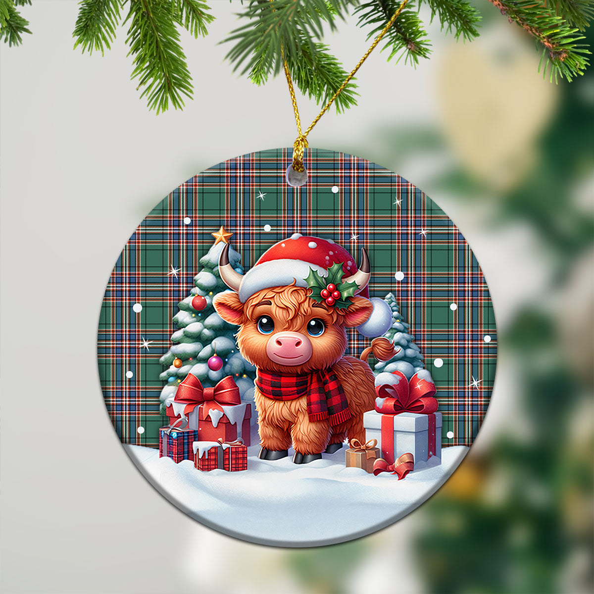 MacFarlane Hunting Ancient Tartan Christmas Ceramic Ornament - Highland Cow Winter Style