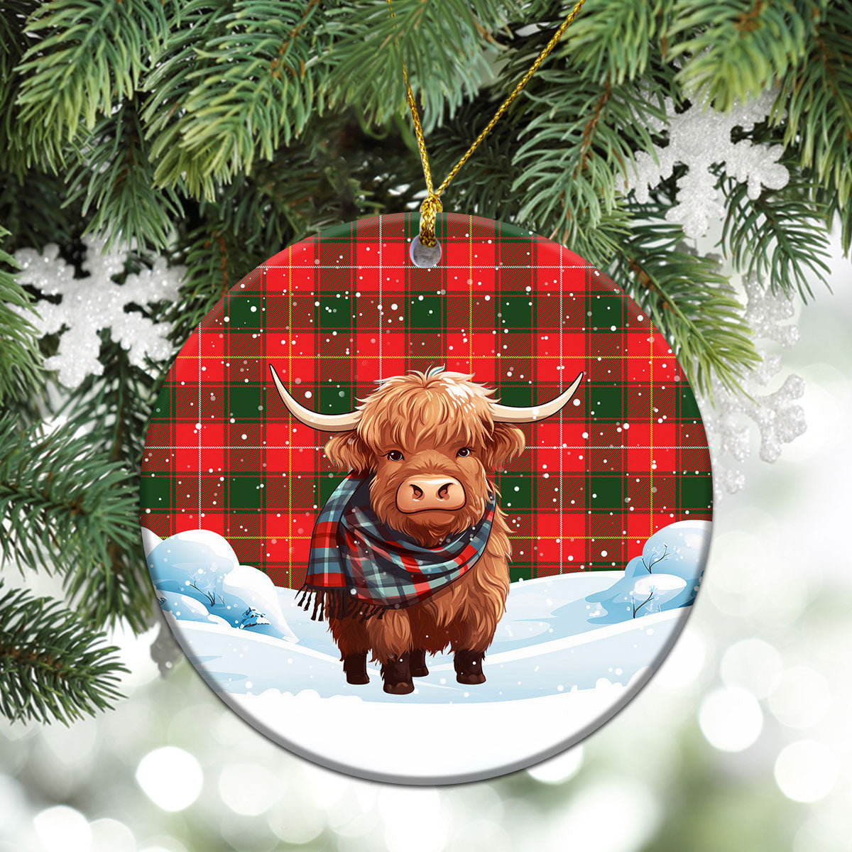 MacFie Tartan Christmas Ceramic Ornament - Highland Cows Snow Style