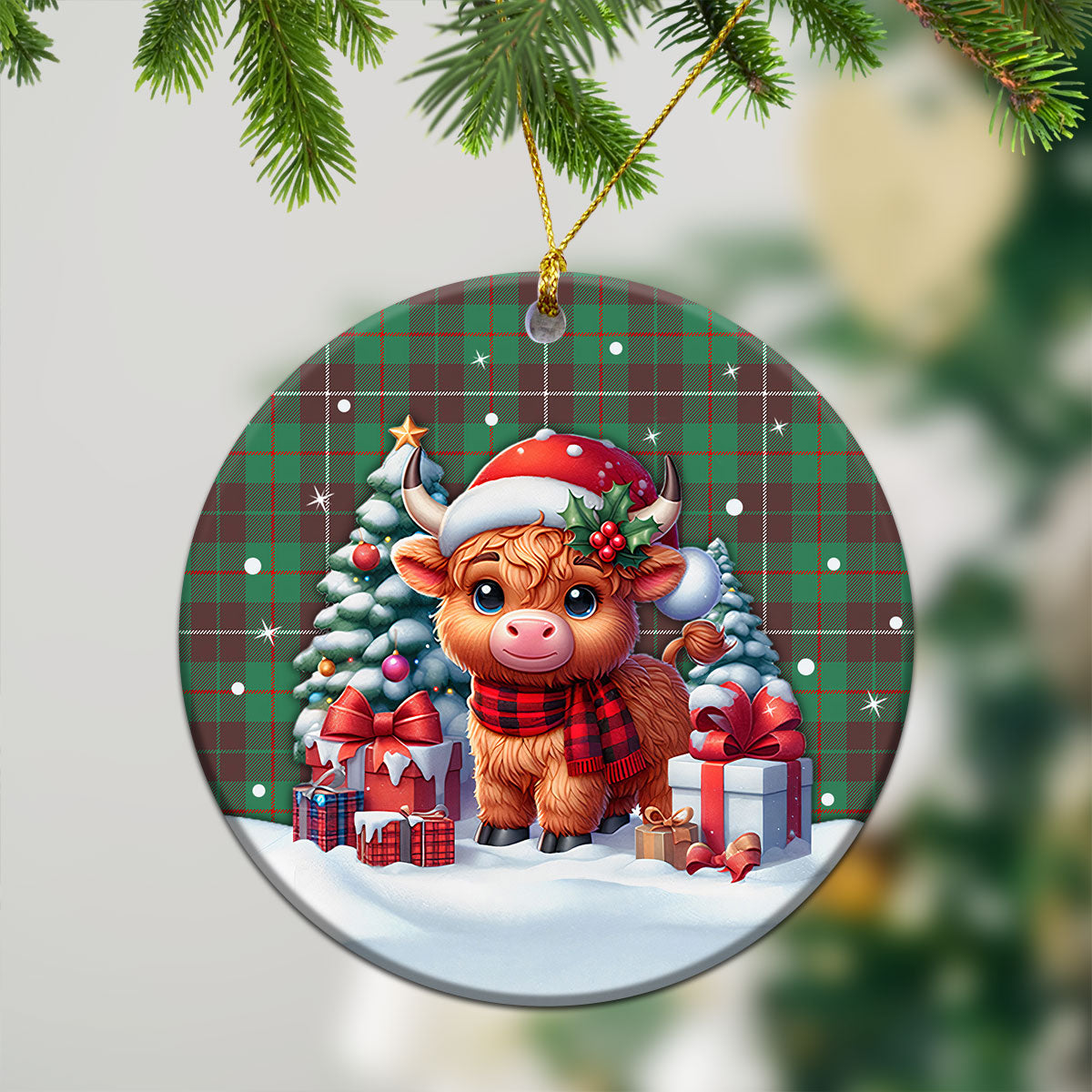 MacKinnon Hunting Ancient Tartan Christmas Ceramic Ornament - Highland Cow Winter Style