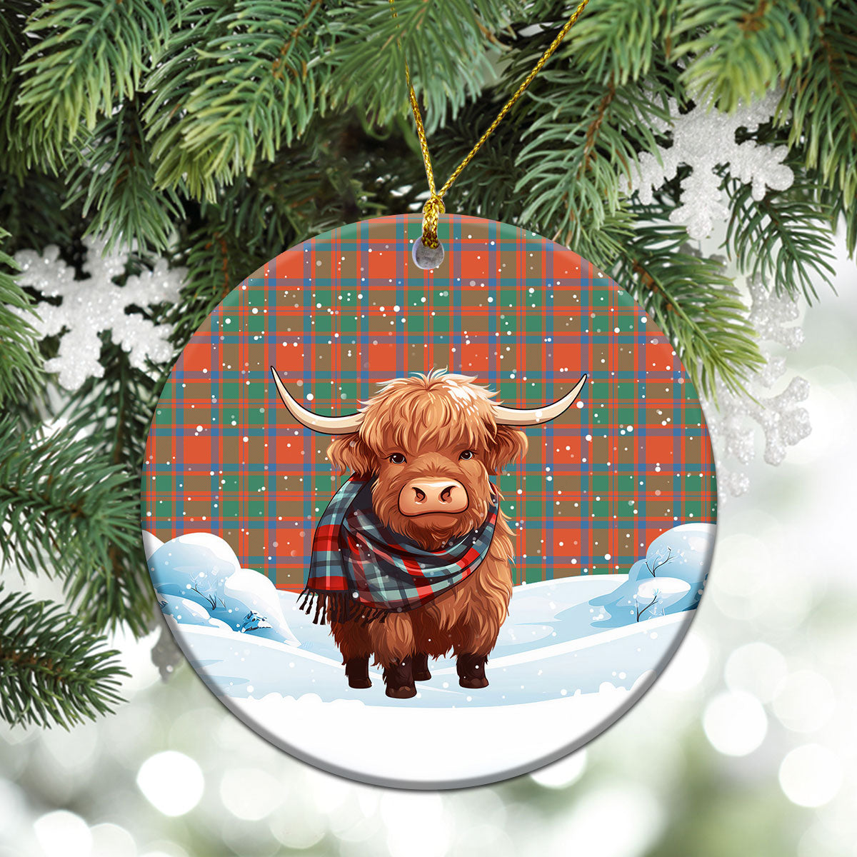 MacKintosh Ancient Tartan Christmas Ceramic Ornament - Highland Cows Snow Style