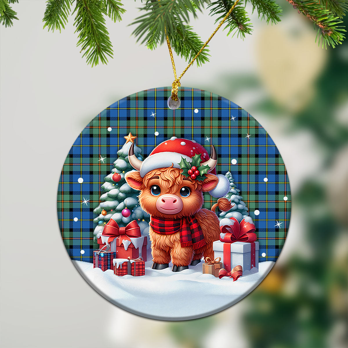 MacLeod of Harris Ancient Tartan Christmas Ceramic Ornament - Highland Cow Winter Style