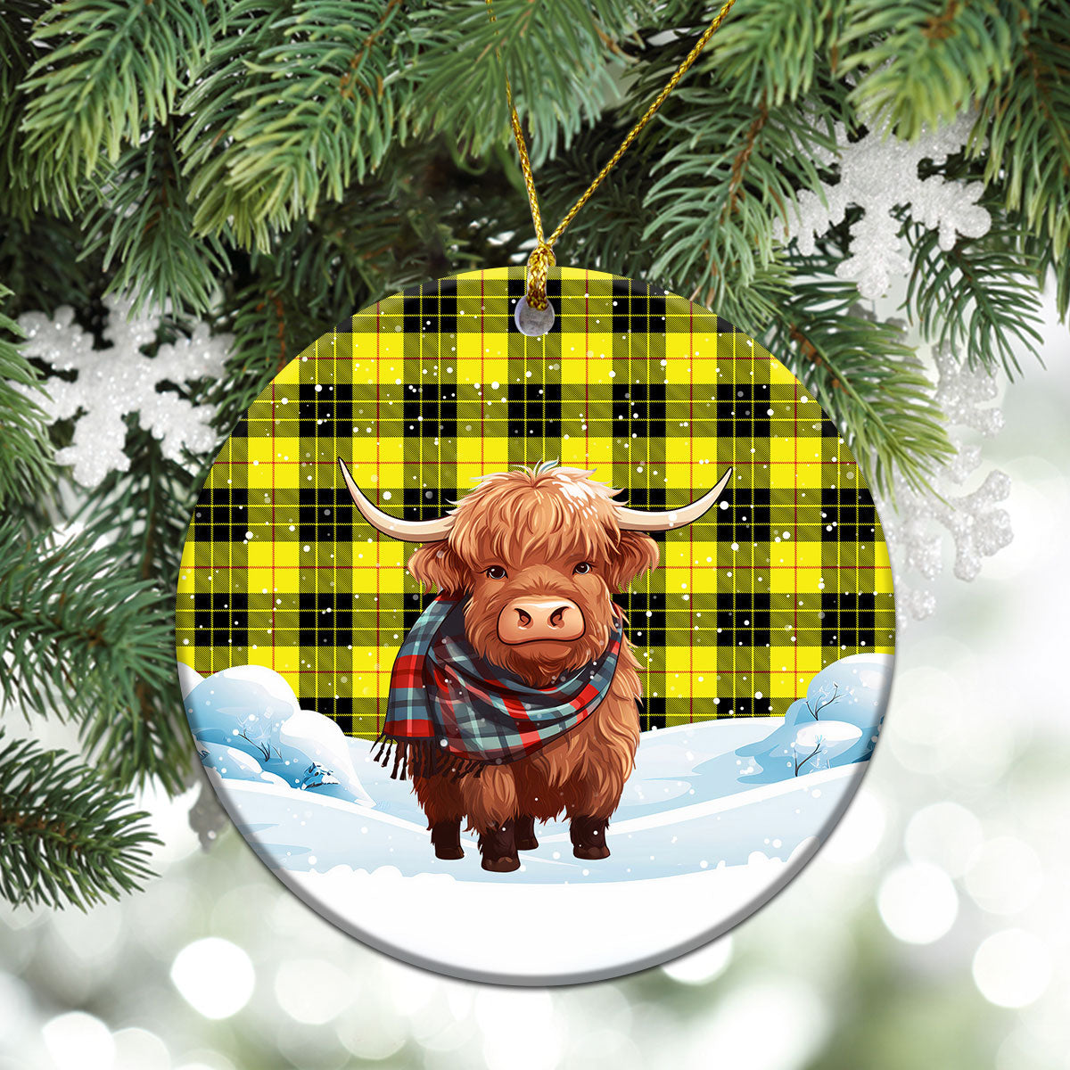 MacLeod of Lewis Modern Tartan Christmas Ceramic Ornament - Highland Cows Snow Style