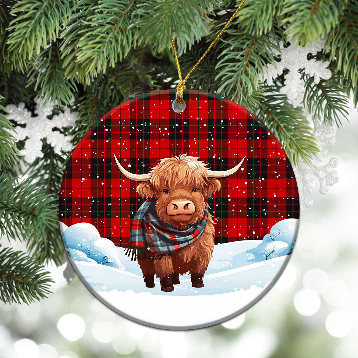 MacLeod of Raasay Tartan Christmas Ceramic Ornament - Highland Cows Snow Style