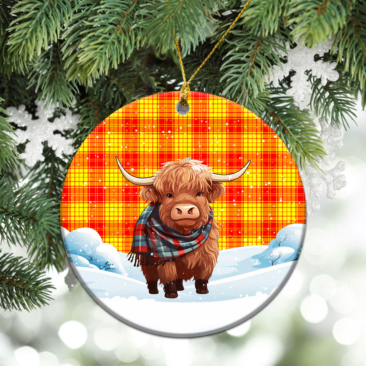 MacMillan Clan Tartan Christmas Ceramic Ornament - Highland Cows Snow Style