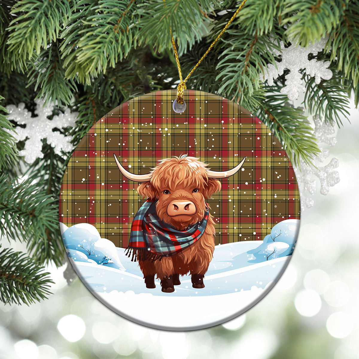 MacMillan Old Weathered Tartan Christmas Ceramic Ornament - Highland Cows Snow Style