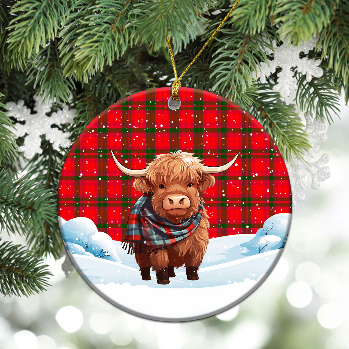 MacNab Modern Tartan Christmas Ceramic Ornament - Highland Cows Snow Style