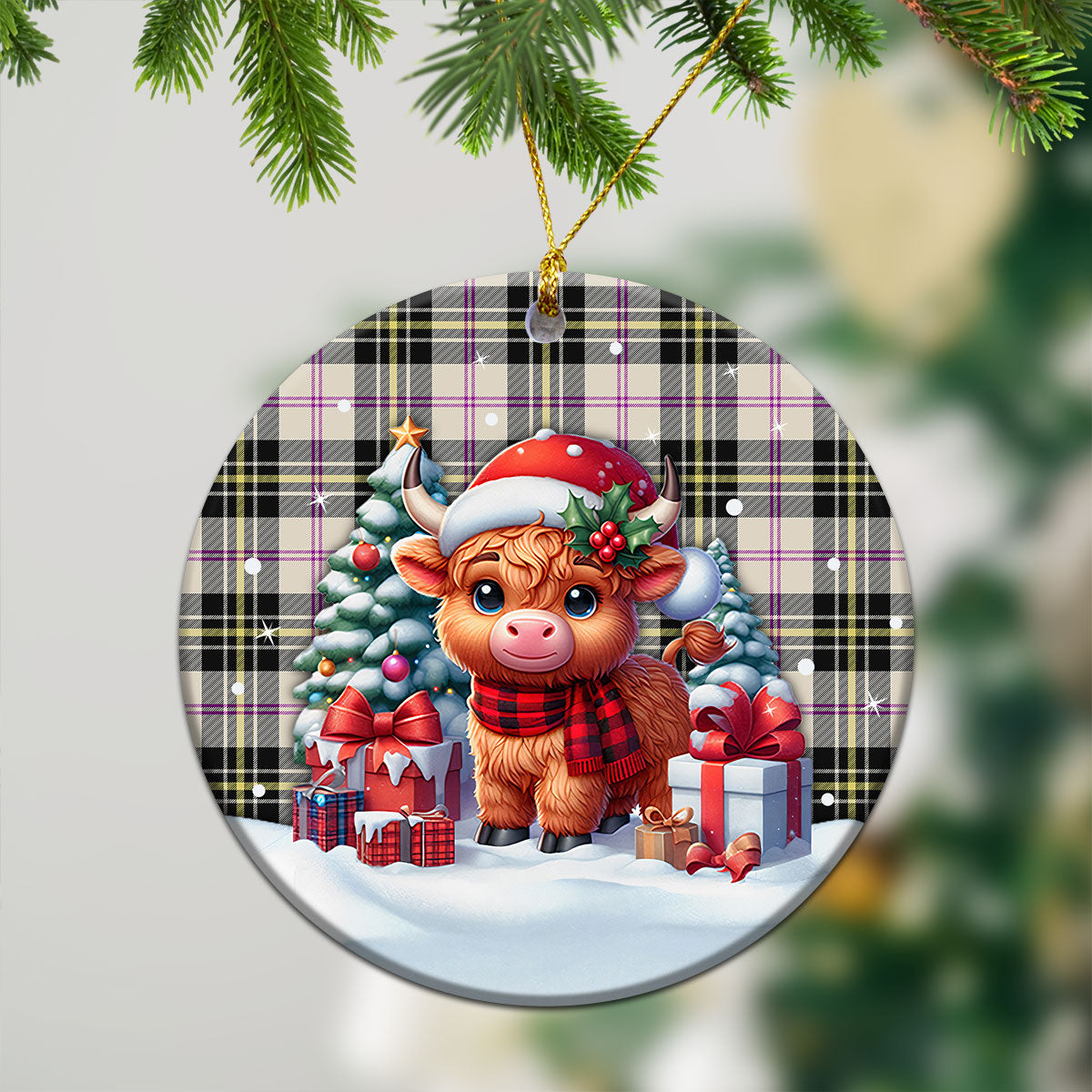 MacPherson Dress Ancient Tartan Christmas Ceramic Ornament - Highland Cow Winter Style