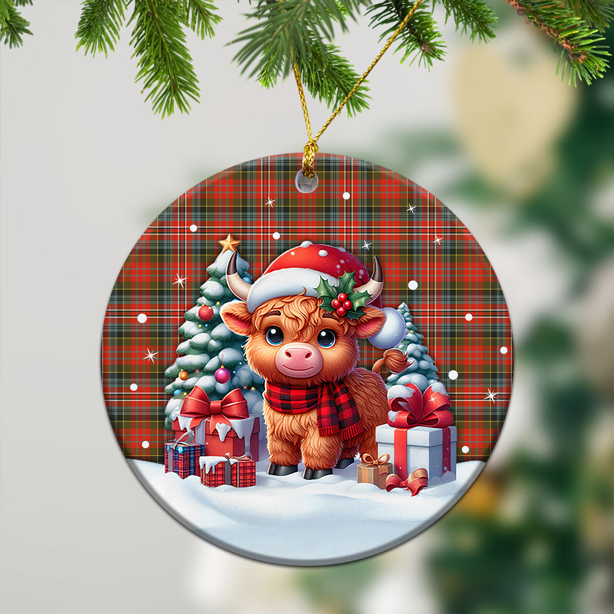 MacPherson Weathered Tartan Christmas Ceramic Ornament - Highland Cow Winter Style