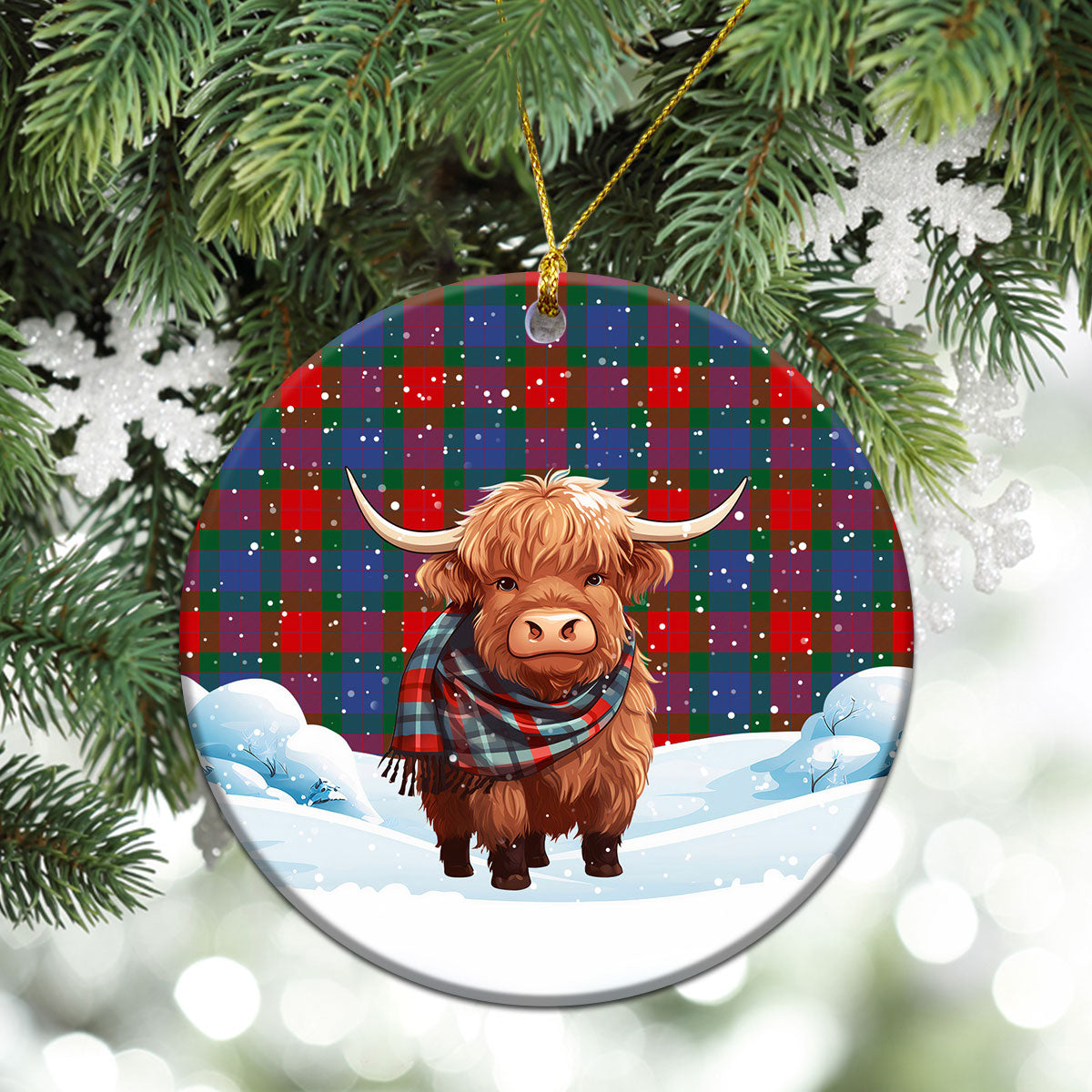 Mar Tartan Christmas Ceramic Ornament - Highland Cows Snow Style