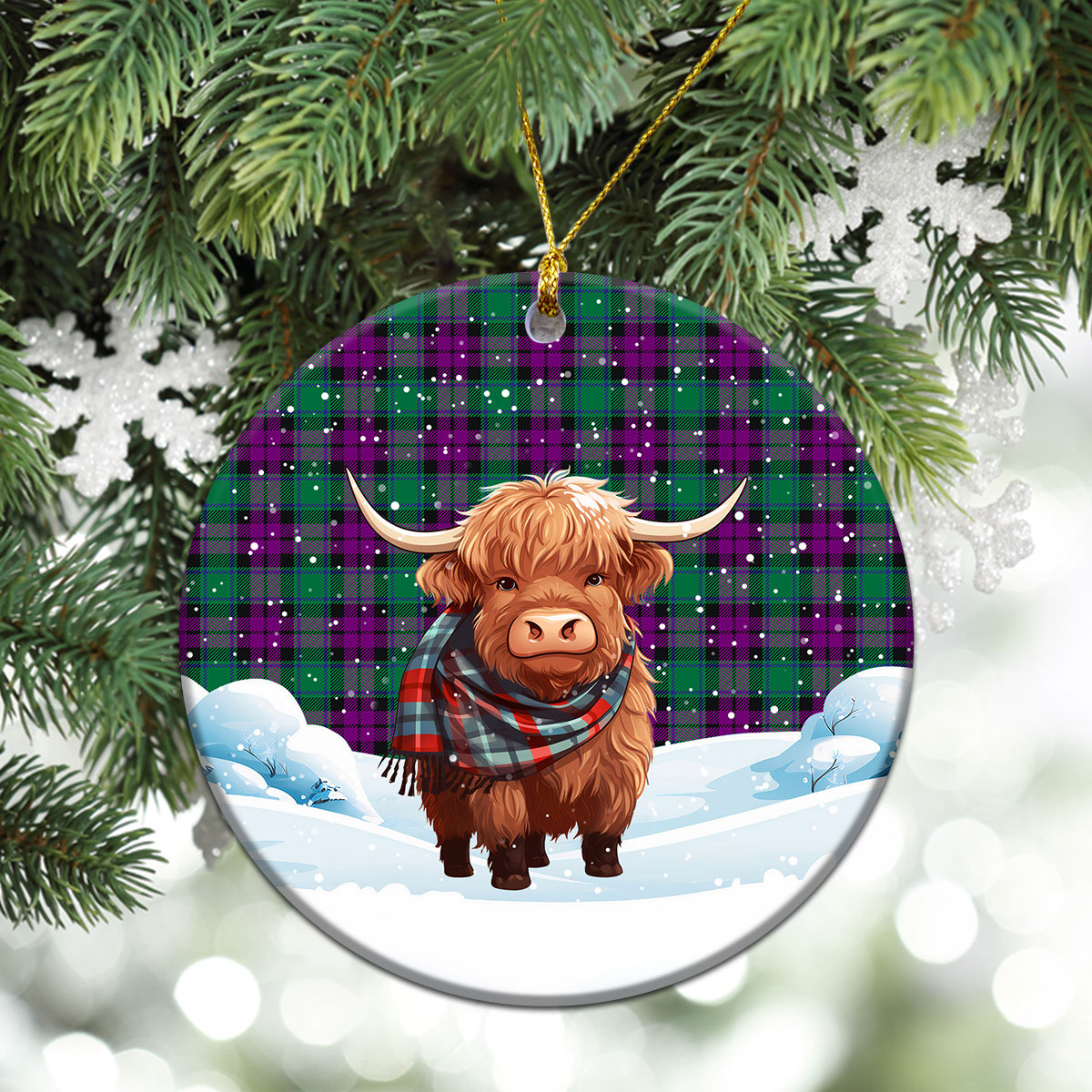 McArthur – Milton Tartan Christmas Ceramic Ornament - Highland Cows Snow Style