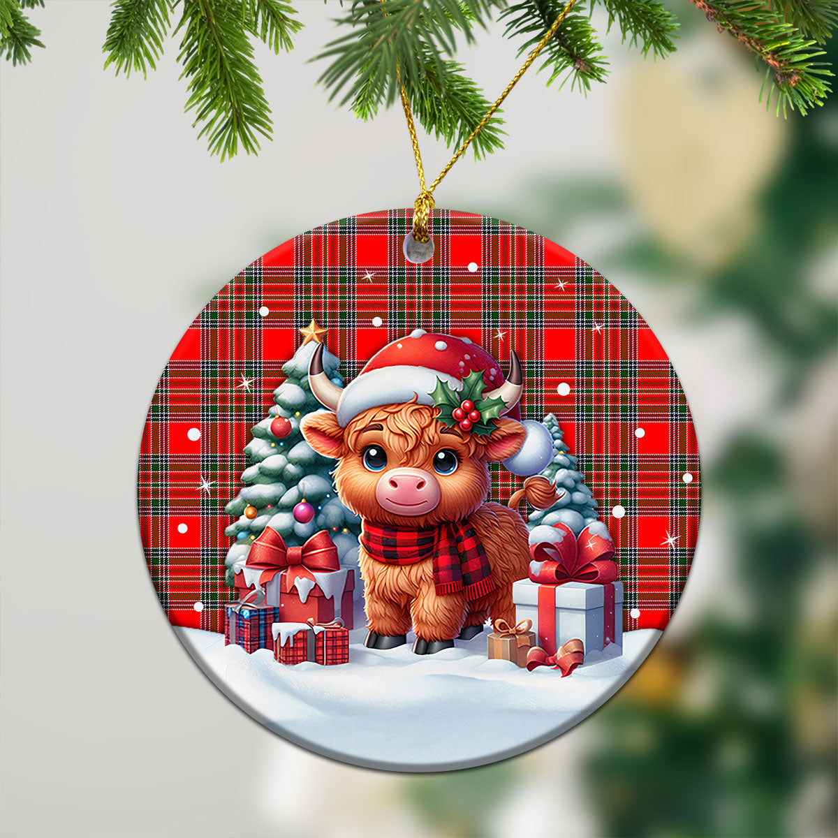 McBean Tartan Christmas Ceramic Ornament - Highland Cow Winter Style