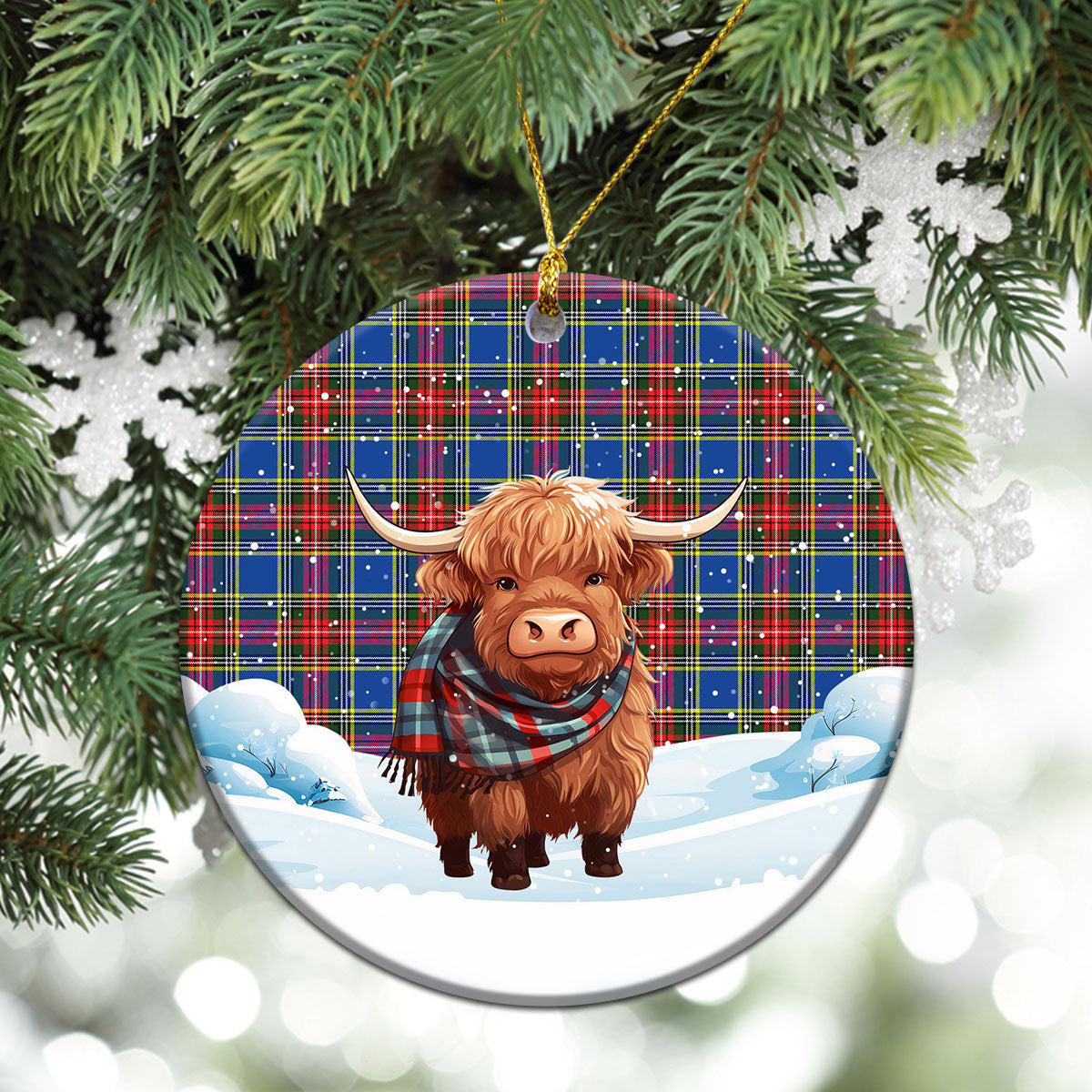 McBeth Modern Tartan Christmas Ceramic Ornament - Highland Cows Snow Style