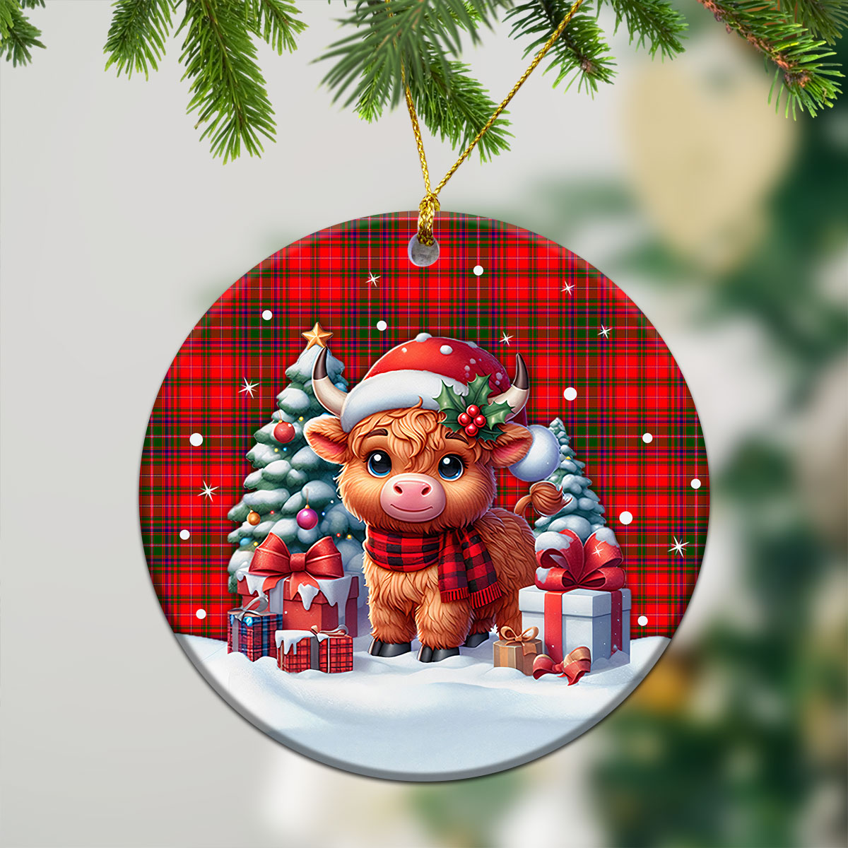 McDougall Modern Tartan Christmas Ceramic Ornament - Highland Cow Winter Style