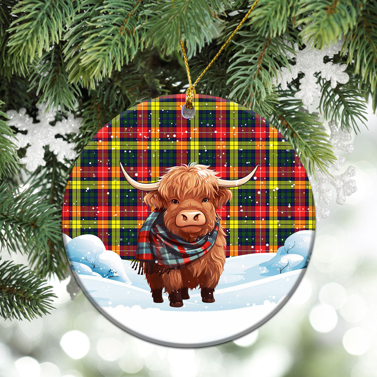 McIndoe Tartan Christmas Ceramic Ornament - Highland Cows Snow Style