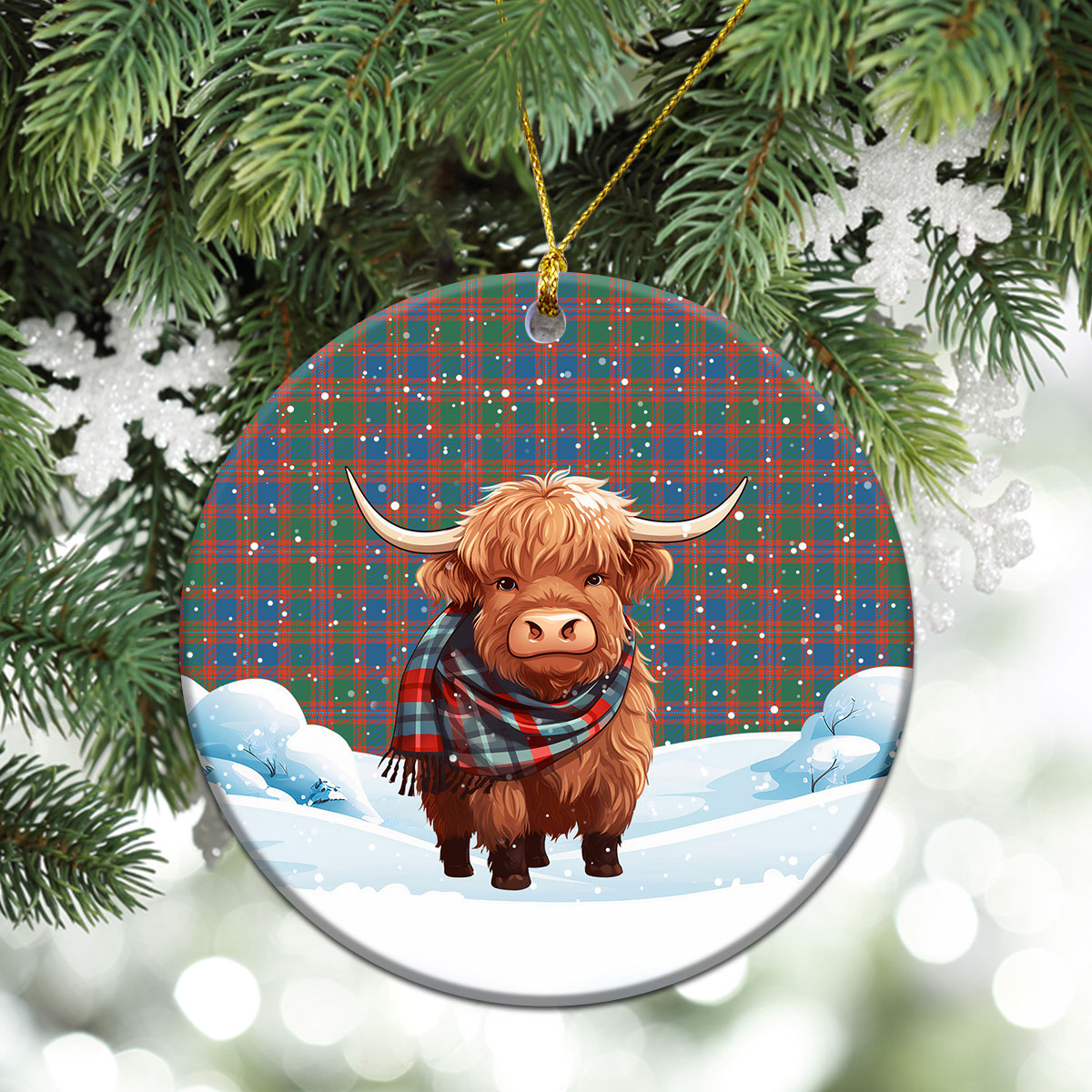 McIntyre Ancient Tartan Christmas Ceramic Ornament - Highland Cows Snow Style