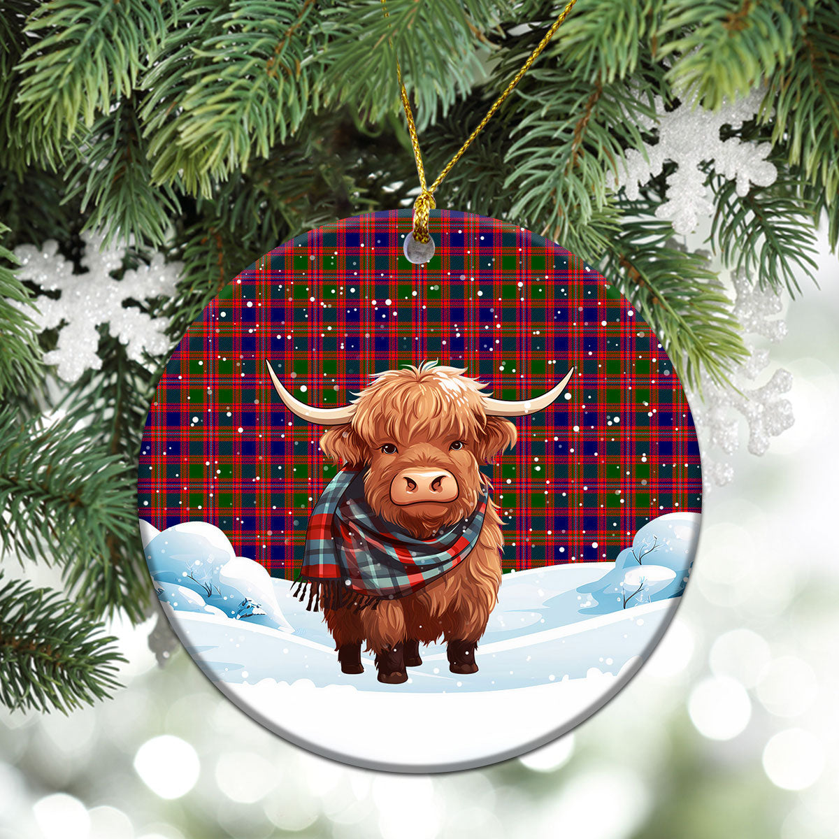 McIntyre Modern Tartan Christmas Ceramic Ornament - Highland Cows Snow Style