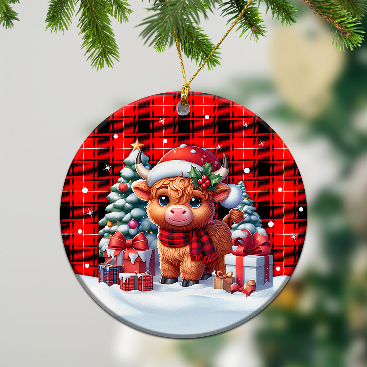 McIver Modern Tartan Christmas Ceramic Ornament - Highland Cow Winter Style