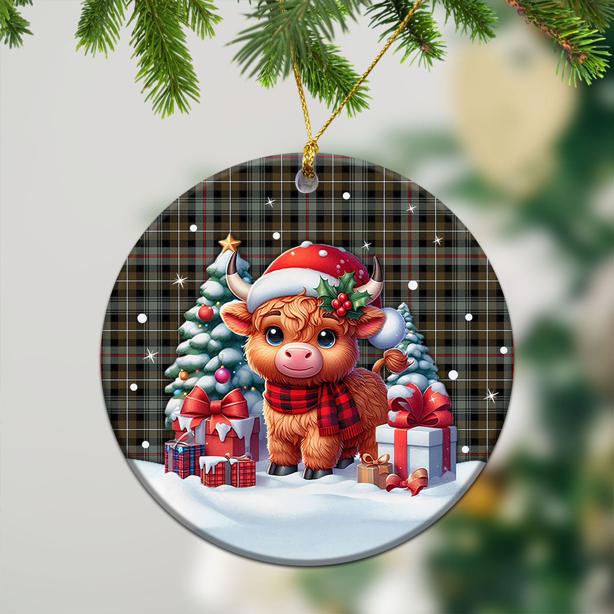 McKenzie Weathered Tartan Christmas Ceramic Ornament - Highland Cow Winter Style