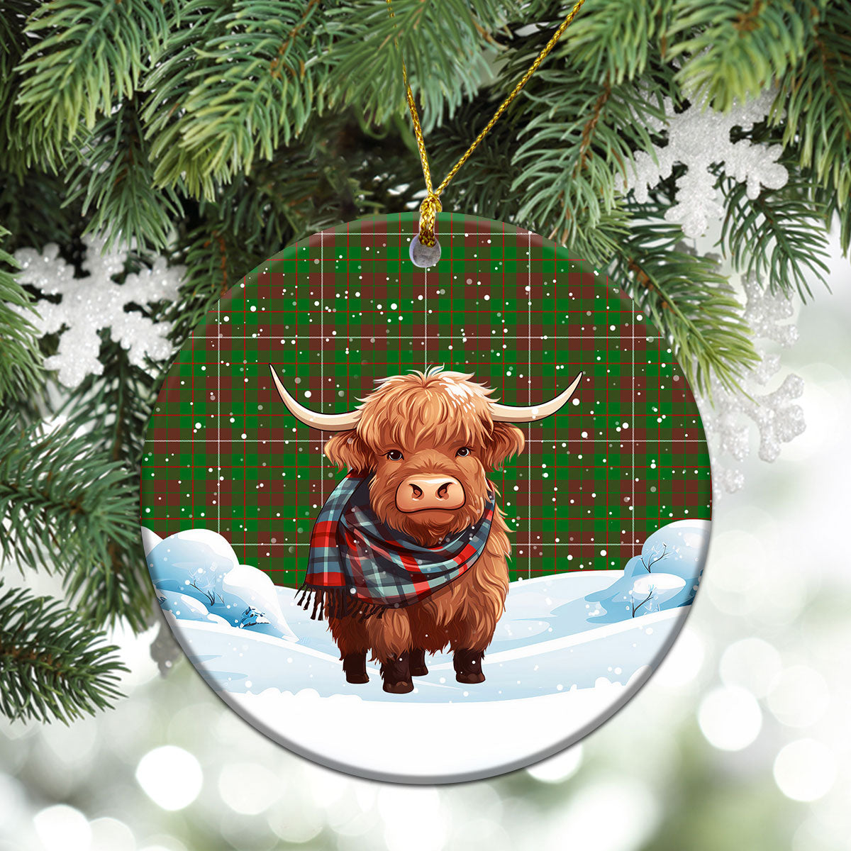 McKinnon Hunting Modern Tartan Christmas Ceramic Ornament - Highland Cows Snow Style