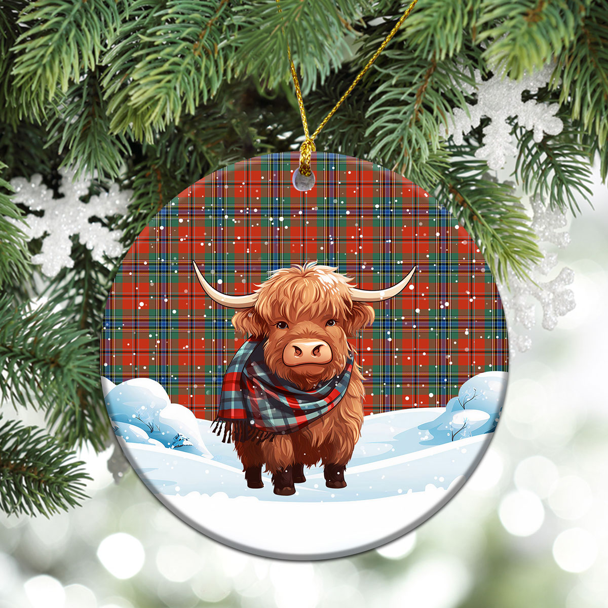 McLean of Duart Ancient Tartan Christmas Ceramic Ornament - Highland Cows Snow Style