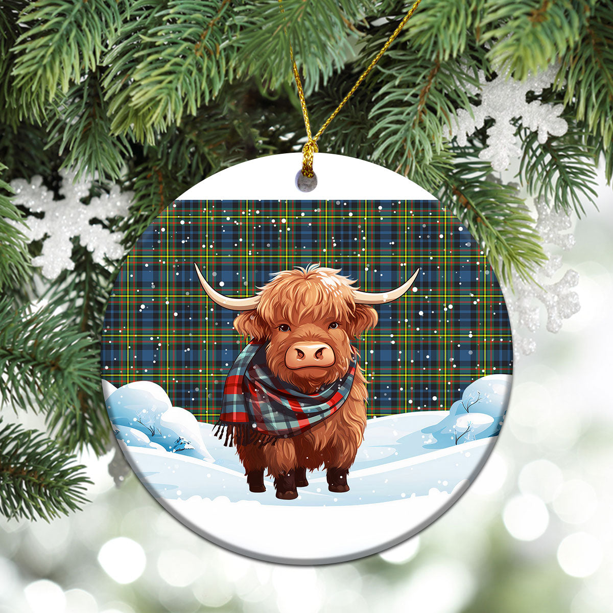 McLellan Ancient Tartan Christmas Ceramic Ornament - Highland Cows Snow Style