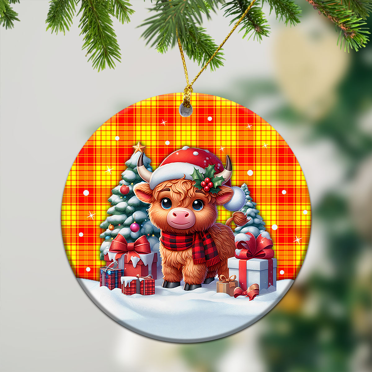 McMillan Clan Tartan Christmas Ceramic Ornament - Highland Cow Winter Style