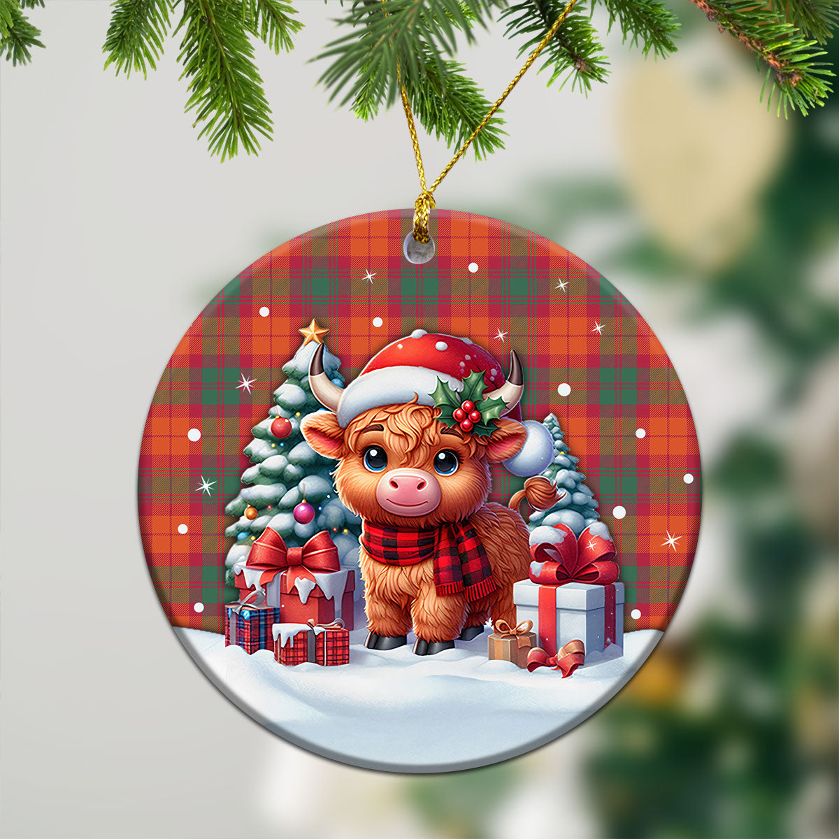 McNab Ancient Tartan Christmas Ceramic Ornament - Highland Cow Winter Style