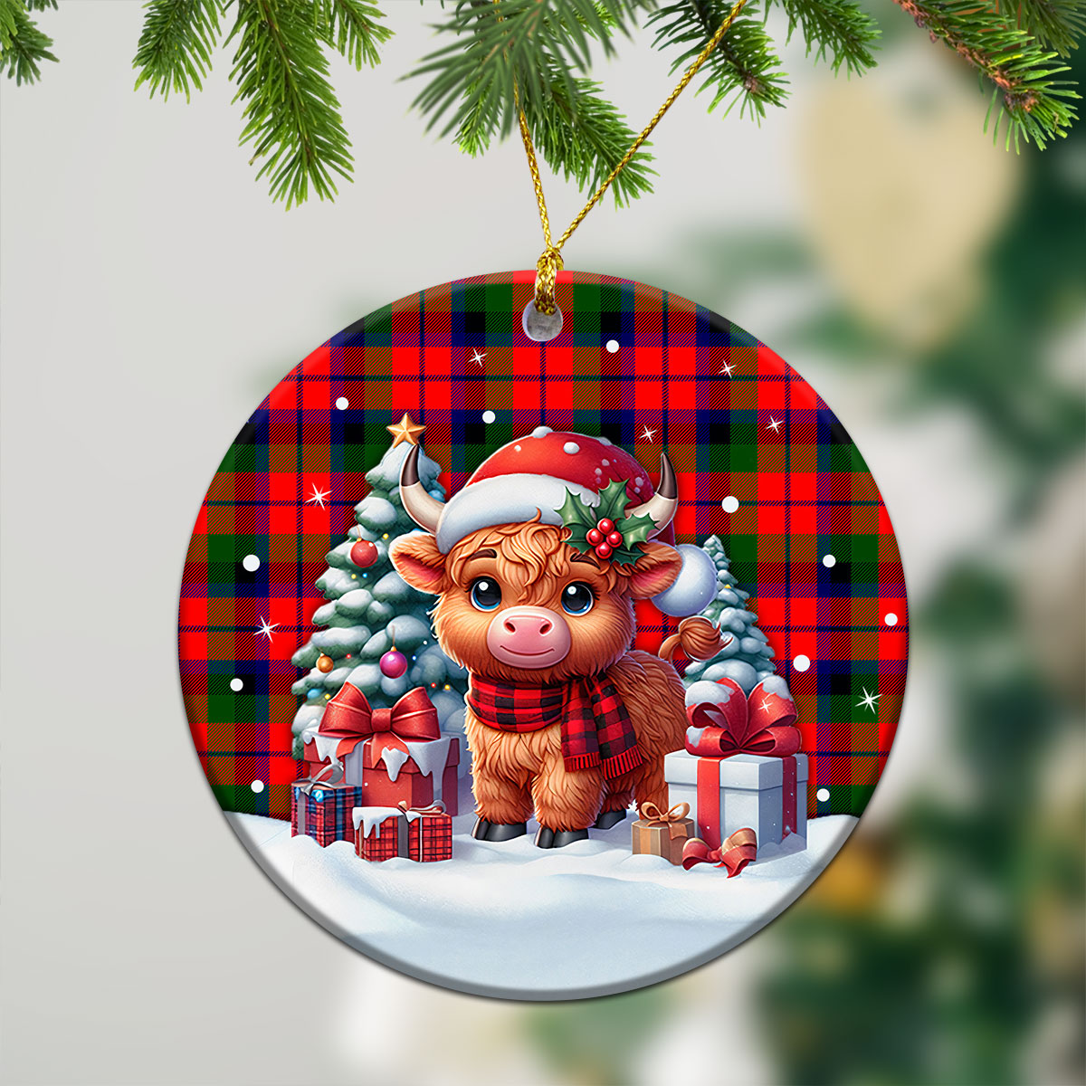 McNaughton Modern Tartan Christmas Ceramic Ornament - Highland Cow Winter Style