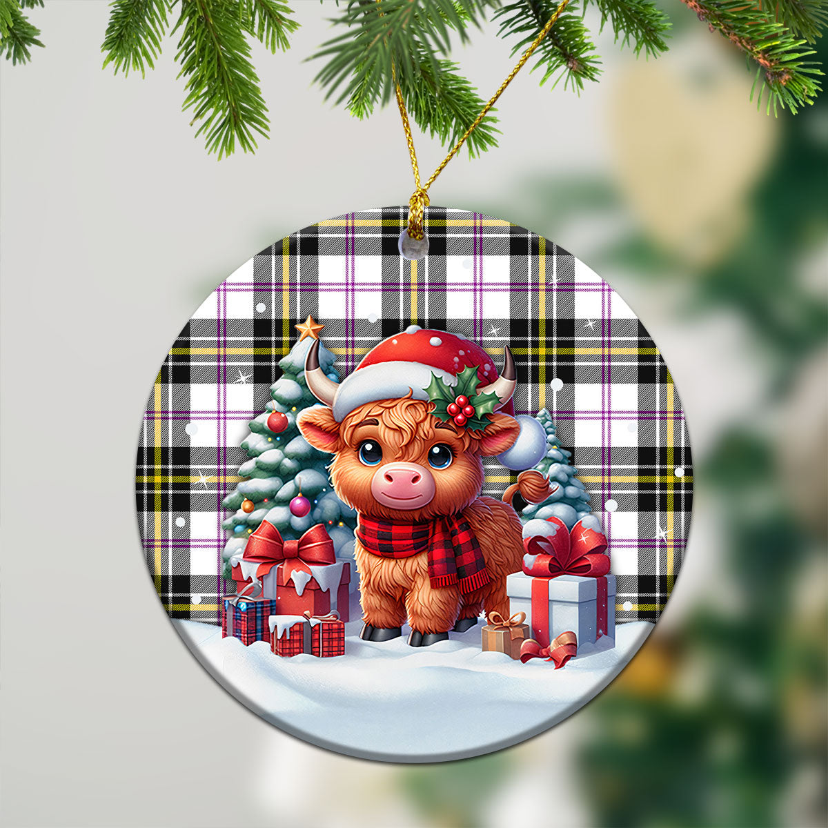 McPherson Dress Modern Tartan Christmas Ceramic Ornament - Highland Cow Winter Style