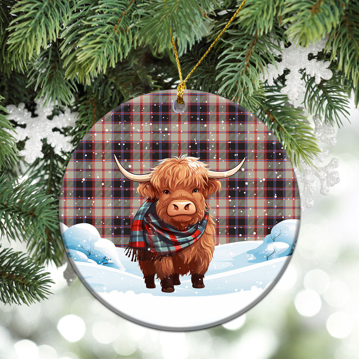 McPherson Hunting Ancient Tartan Christmas Ceramic Ornament - Highland Cows Snow Style