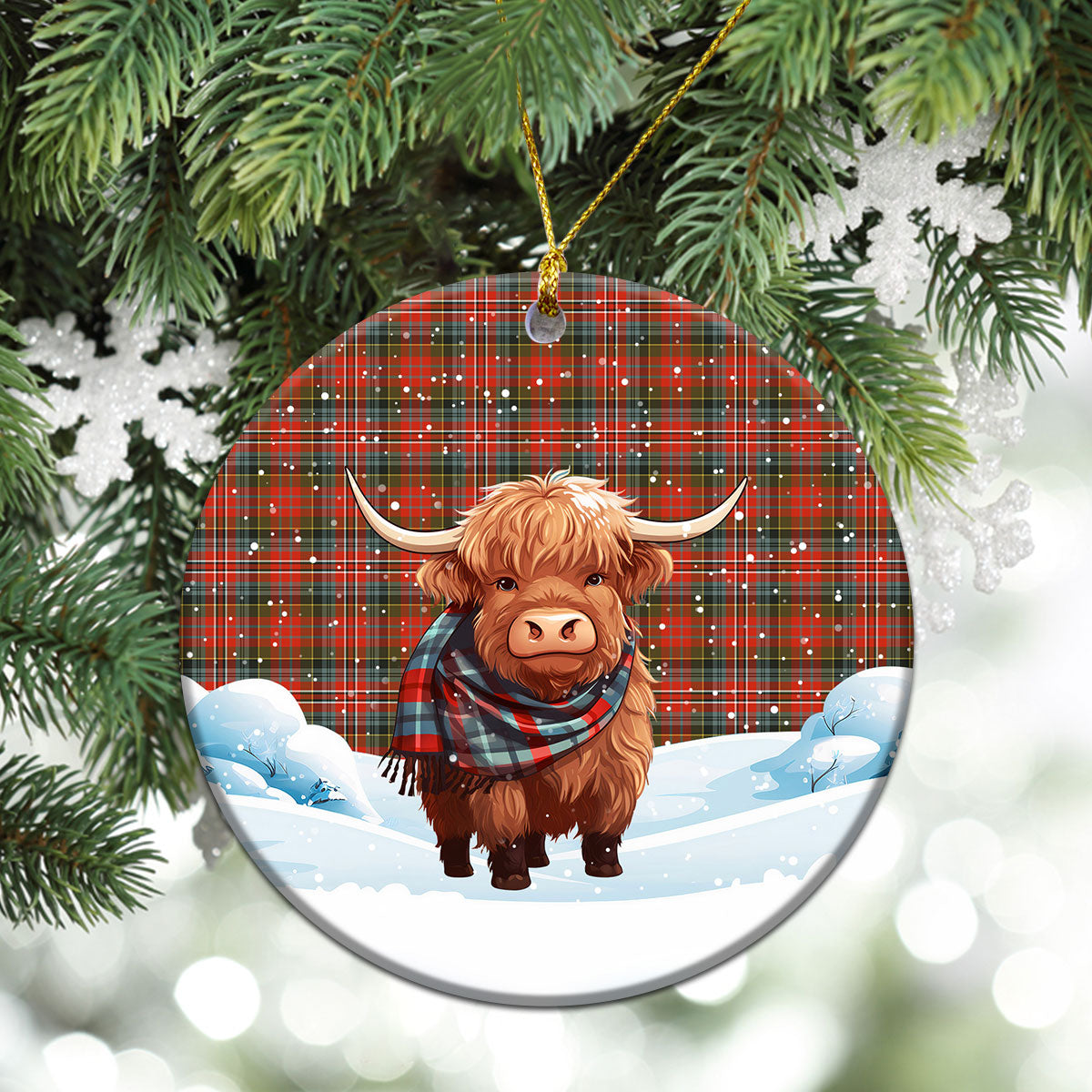 McPherson Weathered Tartan Christmas Ceramic Ornament - Highland Cows Snow Style