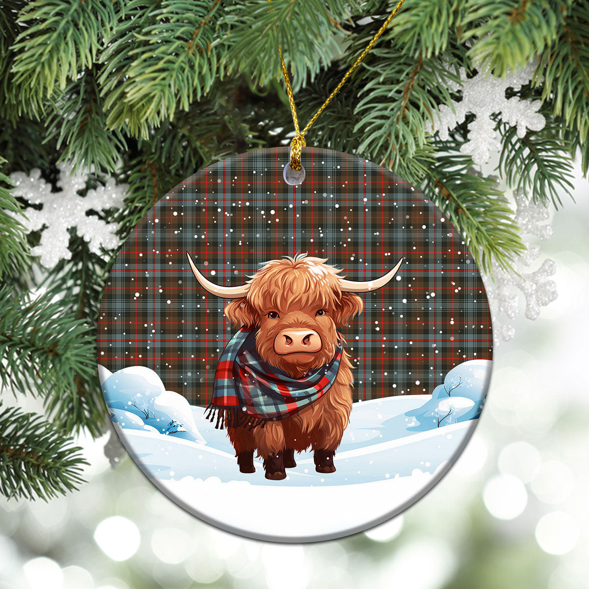 Murray of Atholl Weathered Tartan Christmas Ceramic Ornament - Highland Cows Snow Style