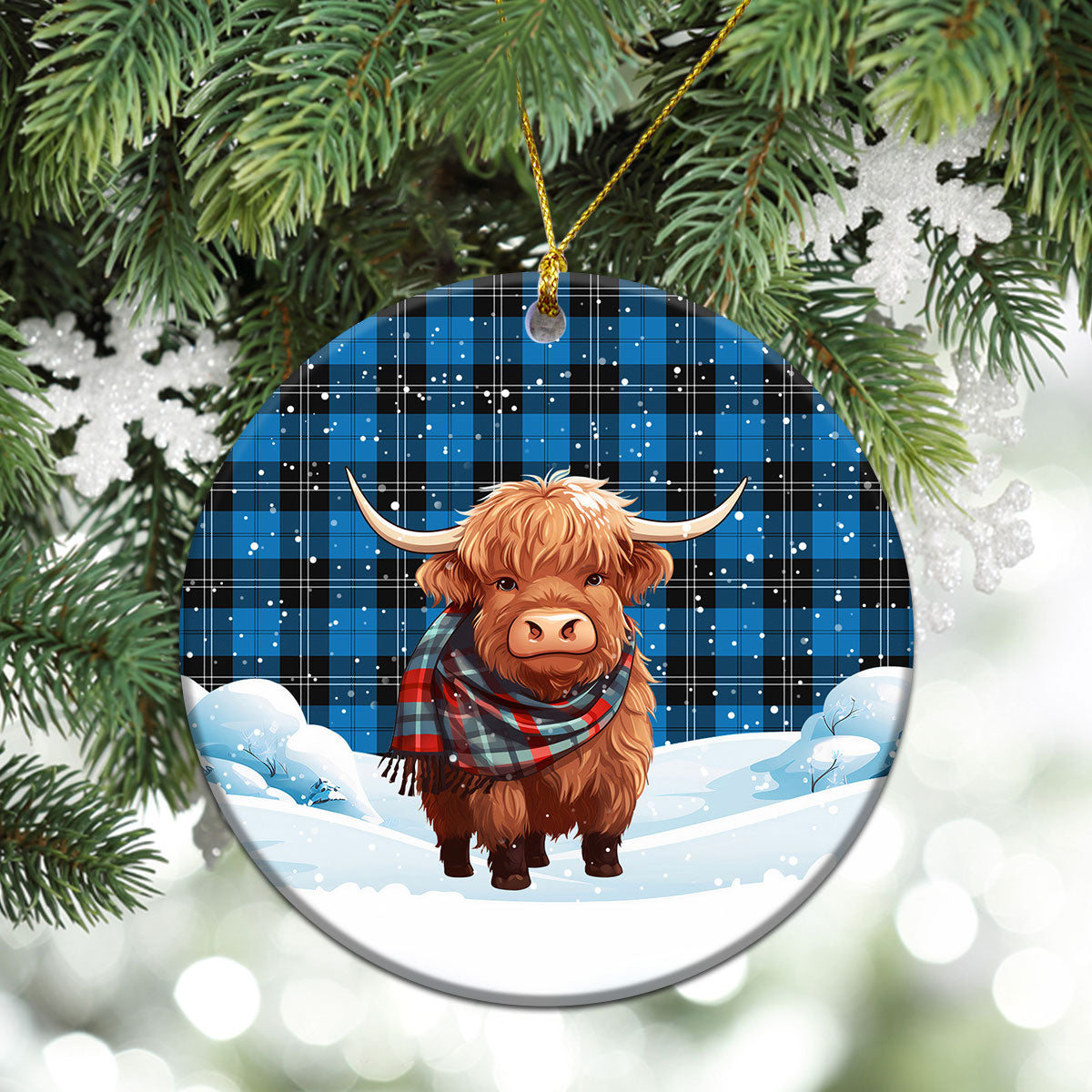 Ramsay Blue Ancient Tartan Christmas Ceramic Ornament - Highland Cows Snow Style