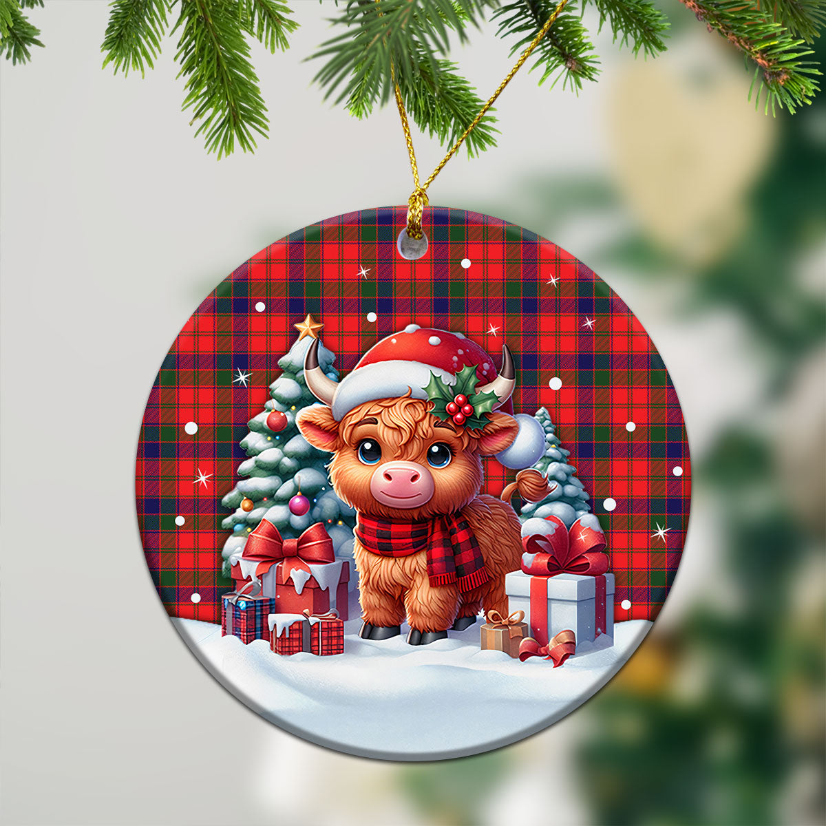 Robertson Modern Tartan Christmas Ceramic Ornament - Highland Cow Winter Style