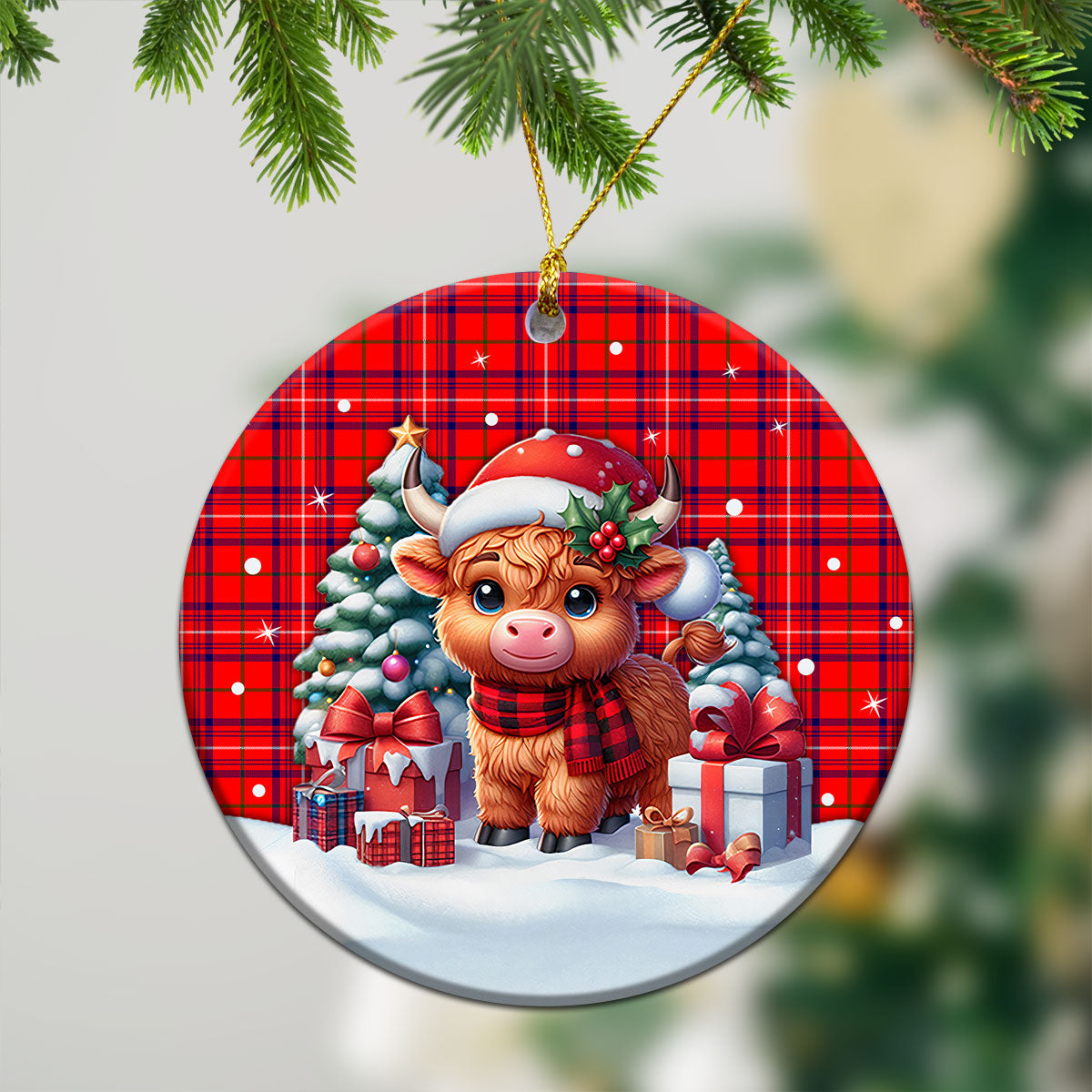 Rose Modern Tartan Christmas Ceramic Ornament - Highland Cow Winter Style