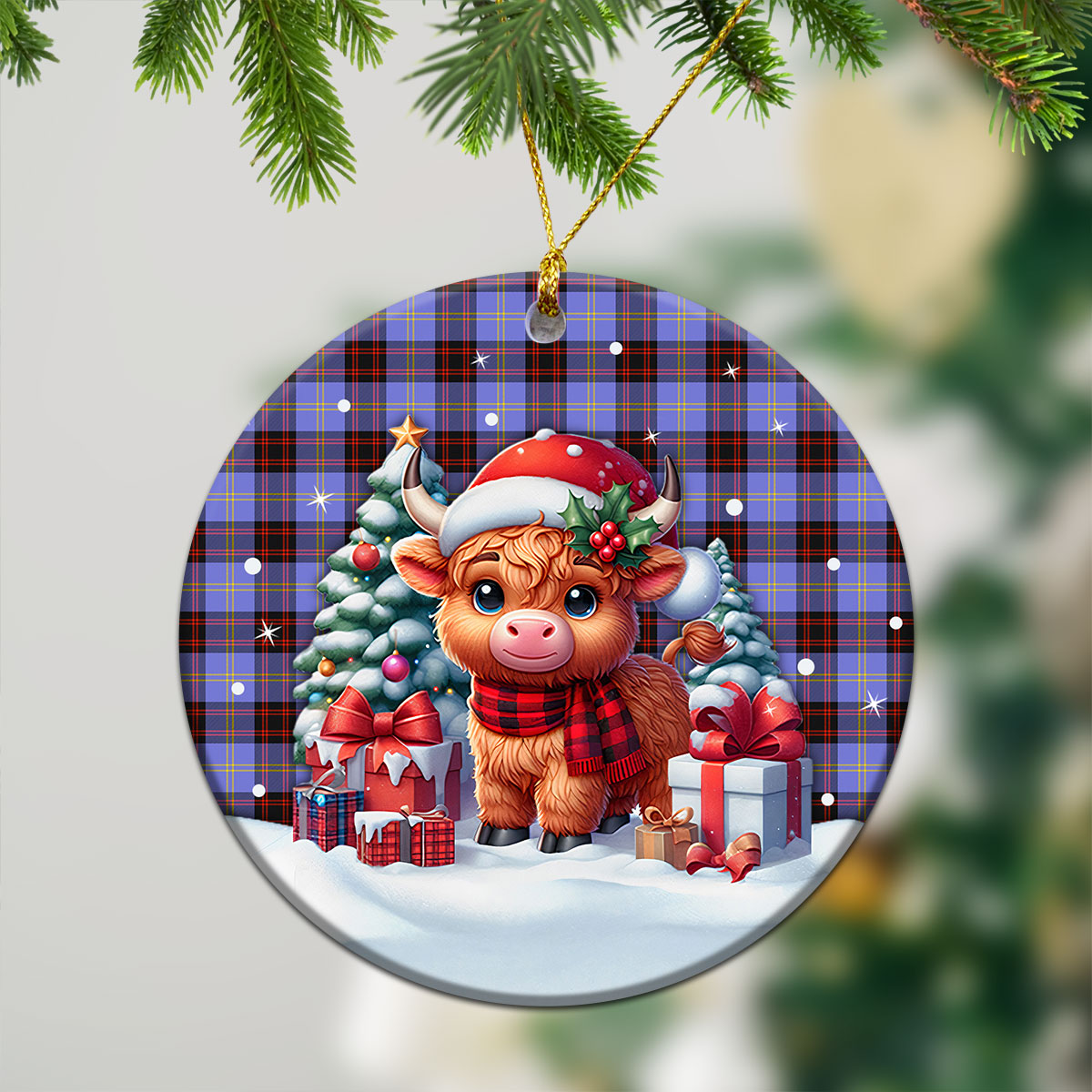 Rutherford Tartan Christmas Ceramic Ornament - Highland Cow Winter Style