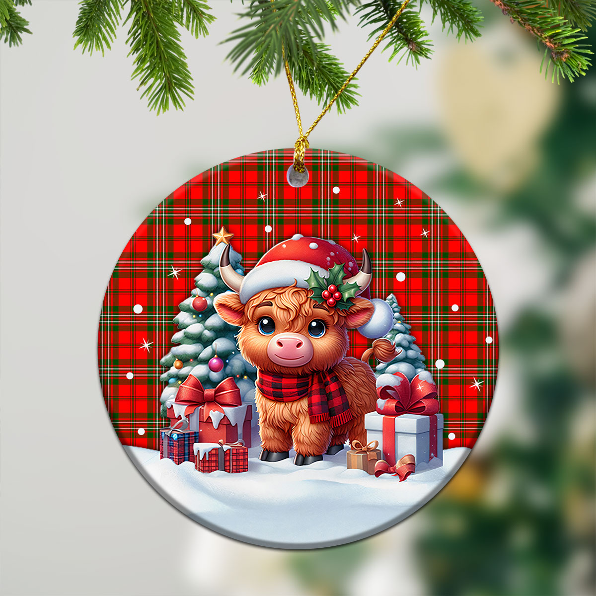 Scott Modern Tartan Christmas Ceramic Ornament - Highland Cow Winter Style