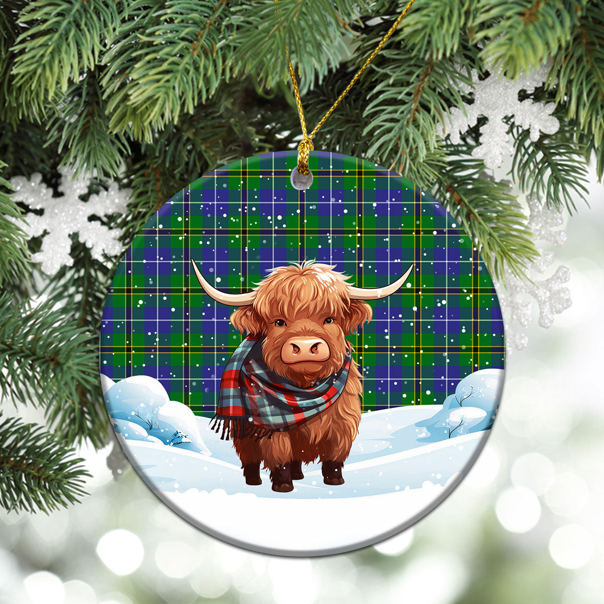 Turnbull Hunting Tartan Christmas Ceramic Ornament - Highland Cows Snow Style