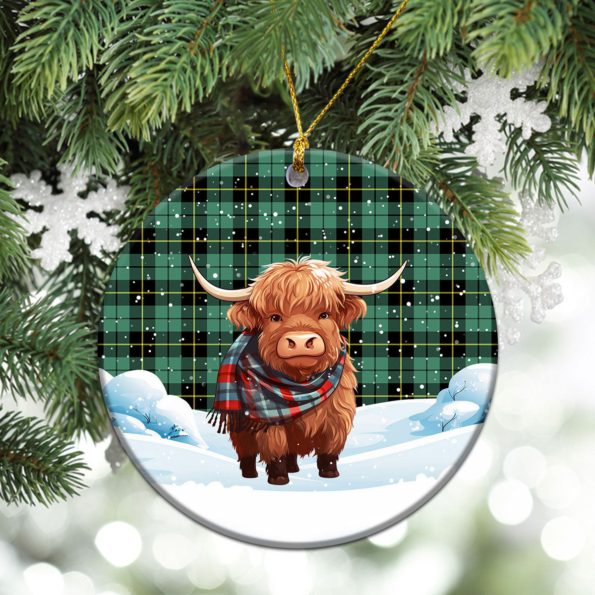 Wallace Hunting Ancient Tartan Christmas Ceramic Ornament - Highland Cows Snow Style