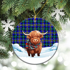 Weir Modern Tartan Christmas Ceramic Ornament - Highland Cows Snow Style