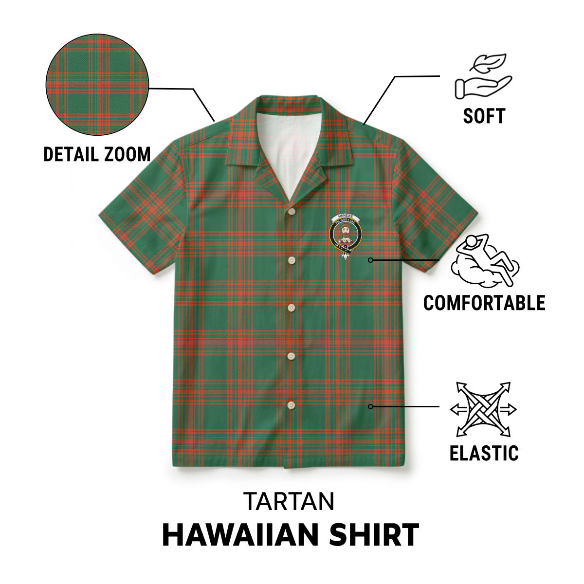 Menzies Green Ancient Tartan Crest Hawaiian Shirt