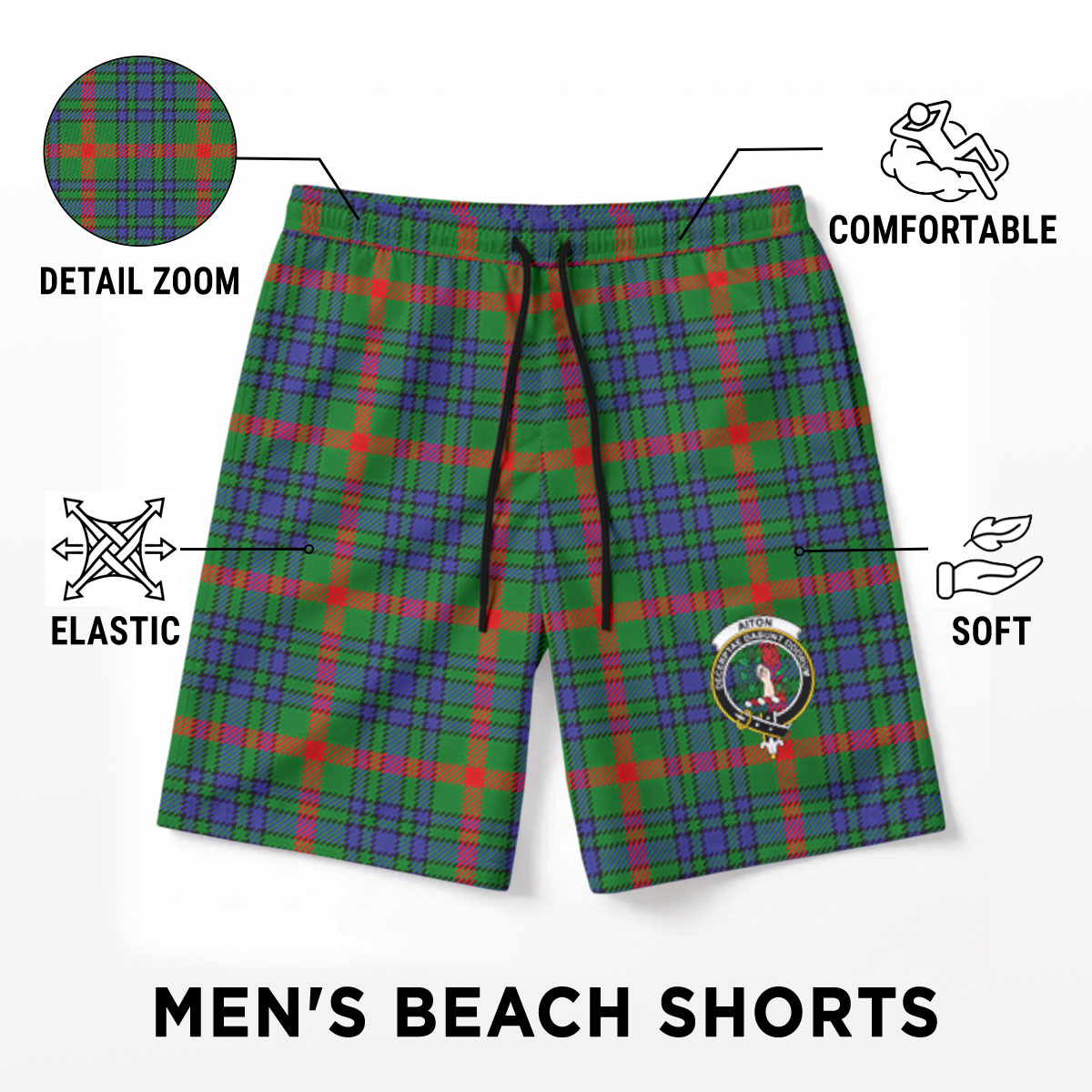 Aiton Tartan Crest Men's Beach Shorts