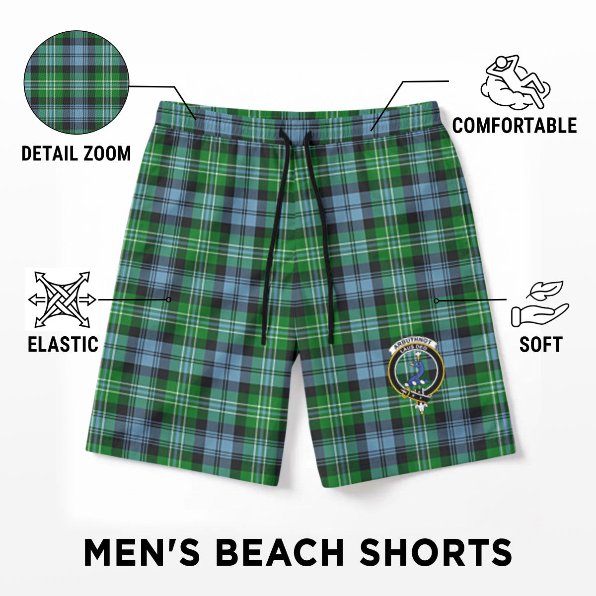 Arbuthnot Ancient Tartan Crest Men's Beach Shorts